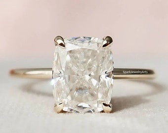 Crushed Ice Cushion Dainty Cushion Cut Moissanite Engagement Ring Solitaire Ring Minimalist Elongated Cushion Engagement Ring Hidden Halo