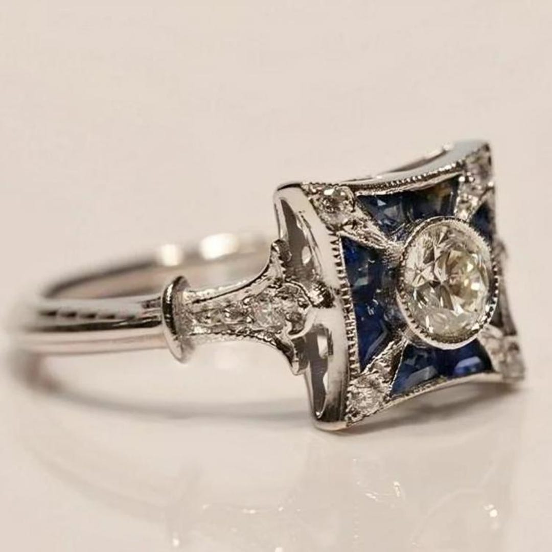 Traditional Old Type Rings Vintage Old European Style Sapphire & Diamond Wedding Ring, Estate ...