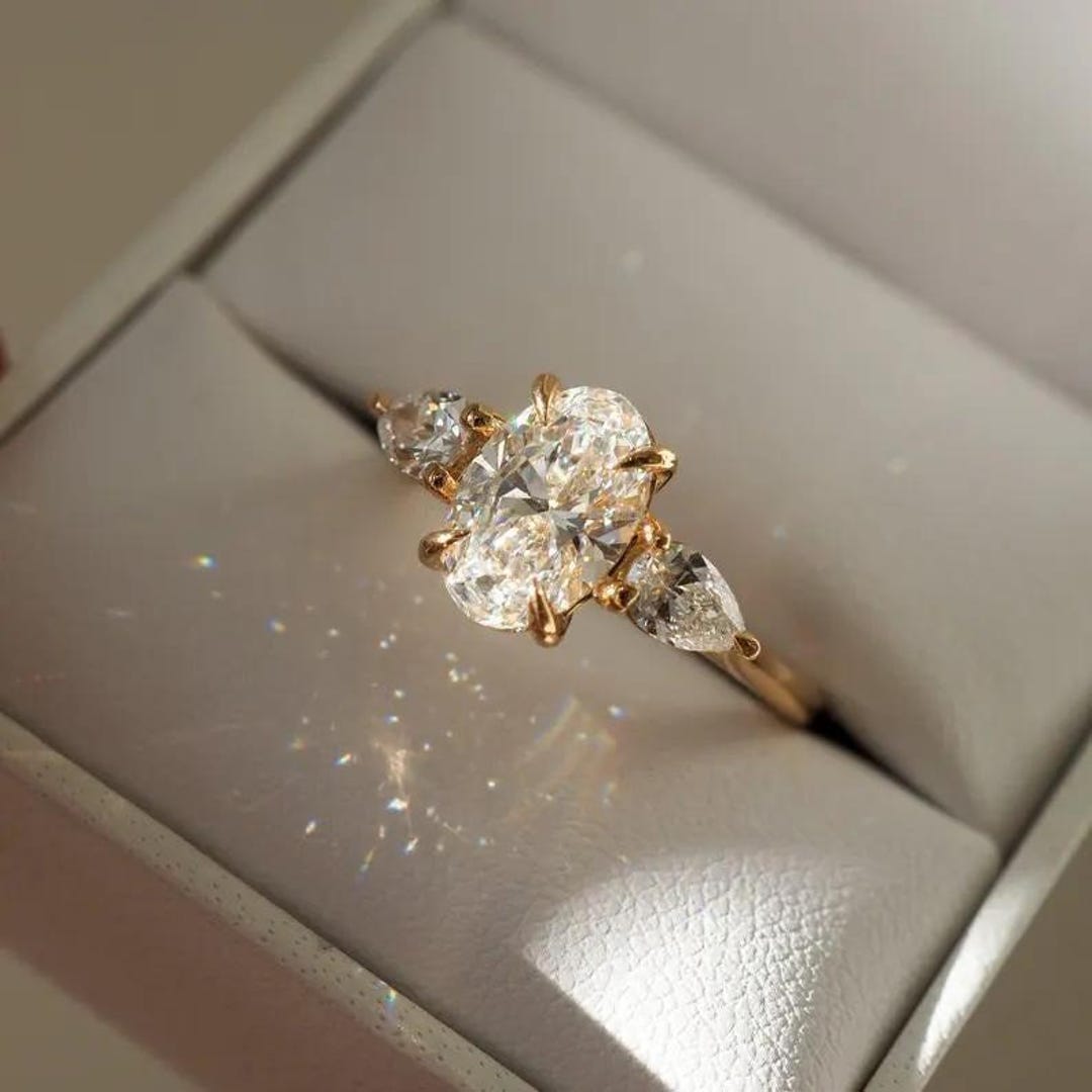 Oval Cut Moissanite Engagement Ring Unique Cluster Yellow Gold ...