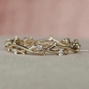 Yellow Gold Wedding Band Women Moissanite Wedding Band Handmade Twisted Band Promise Gift tree Style Diamond Matching Band Twig Leaf Ring