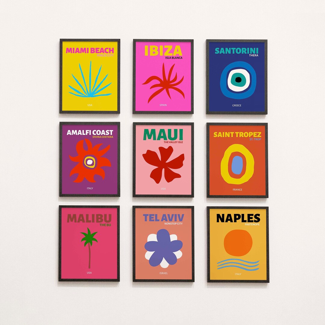 Travel Prints Set of 9, Dorm Room Wall Art, Maximalist Wall Art, Preppy