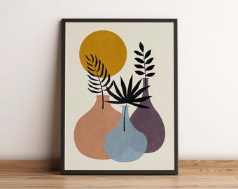 Boho Wall Art, Boho Vase Wall Art, Boho Vase Print, Vase with Leaves Poster, Mid Century Modern Wall Art, DIGITAL DOWNLOAD