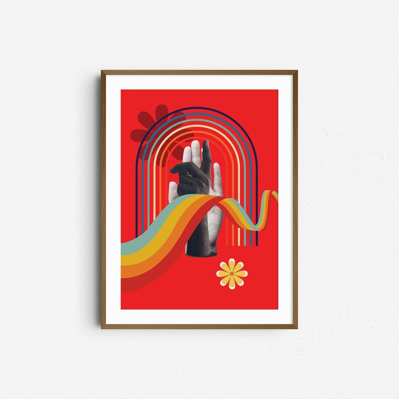 Cartel de arte de pared colorido retro con elementos de mano y arco iris - Impresión de descarga digital imagen 1