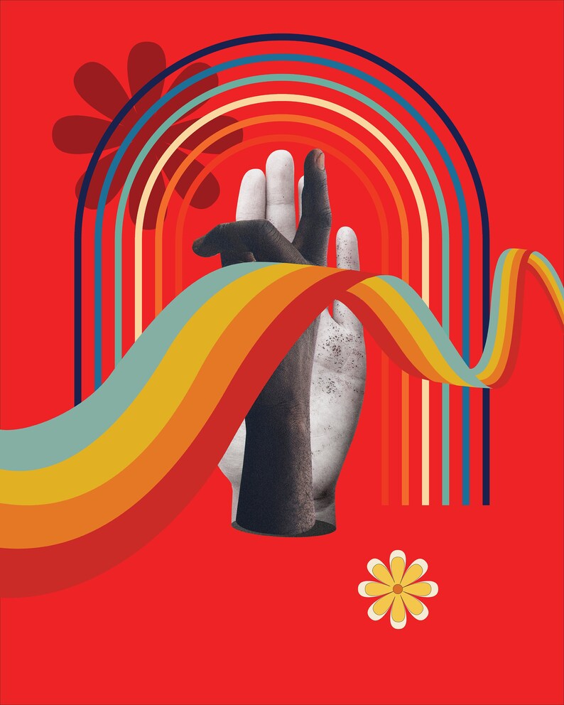 Cartel de arte de pared colorido retro con elementos de mano y arco iris - Impresión de descarga digital imagen 5