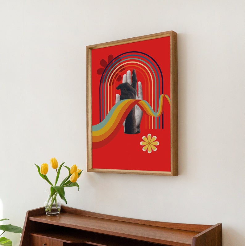 Cartel de arte de pared colorido retro con elementos de mano y arco iris - Impresión de descarga digital imagen 4