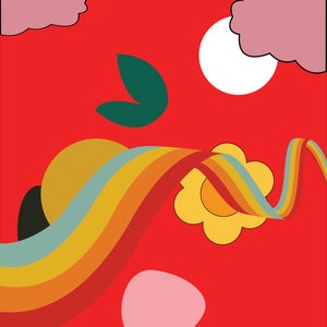 Cartel de arte de pared colorido retro con elementos de arco iris, nubes y flores - Impresión de descarga digital imagen 3
