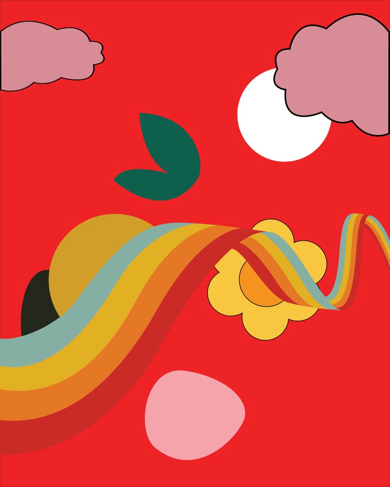Cartel de arte de pared colorido retro con elementos de arco iris, nubes y flores - Impresión de descarga digital imagen 3