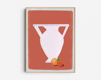 Vase with citrus, wall poster, terra-cotta background - Digital print download