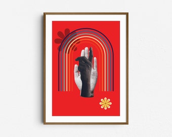 Cartel de arte de pared colorido retro con elementos de mano y arco iris - Impresión de descarga digital