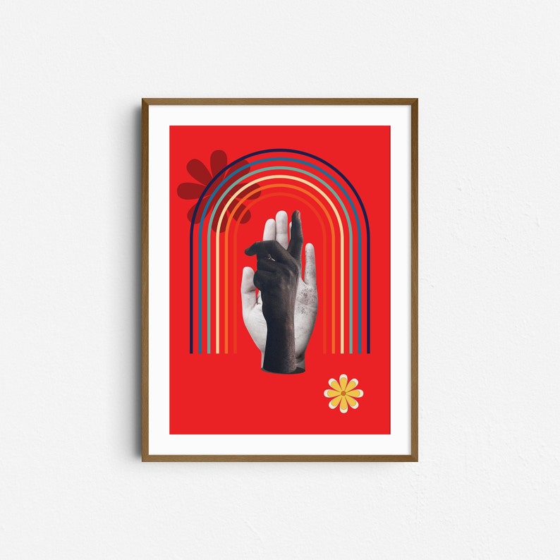 Cartel de arte de pared colorido retro con elementos de mano y arco iris - Impresión de descarga digital imagen 1