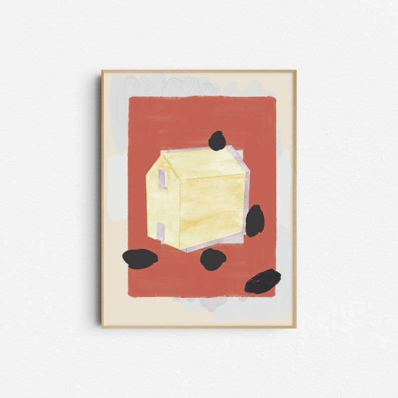 Cartel de pared de la casa amarilla ilustrado a mano con elementos abstractos - Descarga de impresión digital imagen 1