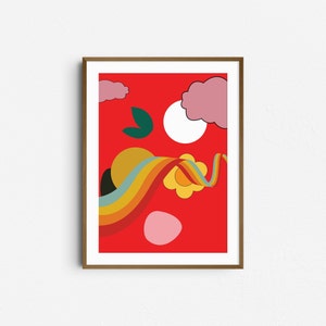 Cartel de arte de pared colorido retro con elementos de arco iris, nubes y flores - Impresión de descarga digital imagen 1