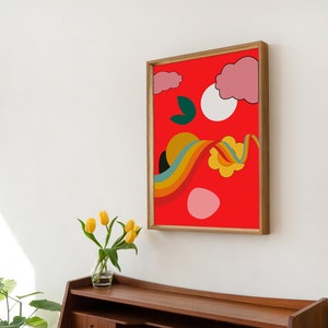 Cartel de arte de pared colorido retro con elementos de arco iris, nubes y flores - Impresión de descarga digital imagen 4