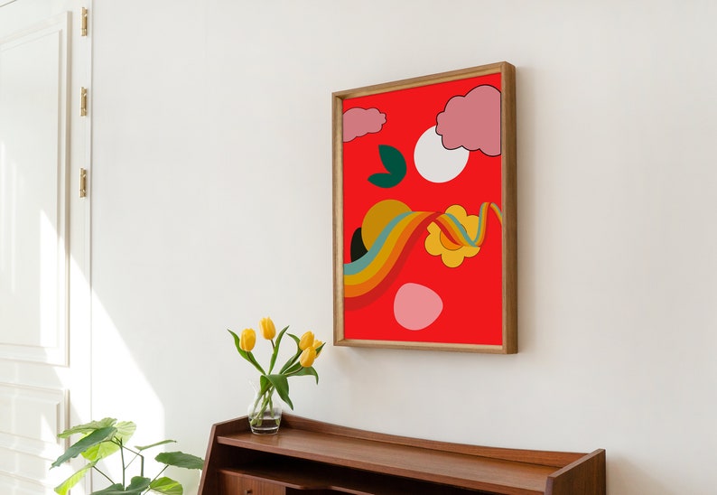 Cartel de arte de pared colorido retro con elementos de arco iris, nubes y flores - Impresión de descarga digital imagen 4