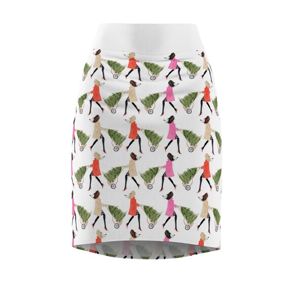Tree Toting Girl Christmas Holiday Print Women s Pencil Skirt Multiple Sizes