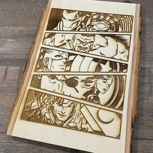 May include: A wooden plaque with a comic book style design featuring the Avengers. The plaque is made of natural wood and has a rustic look. The design features the characters Iron Man, Hulk, Captain America, Black Widow, and Hawkeye.