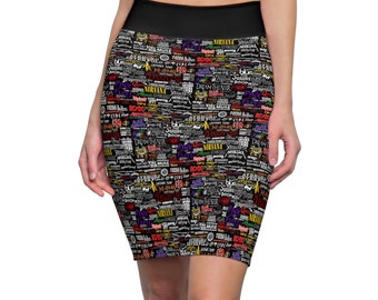 Rock and Roll Band Print Women's Pencil Skirt Multiple Sizes (Nirvana, Pink Floyd, Doors, AC/DC, Kiss, Guns n' Roses, etc)