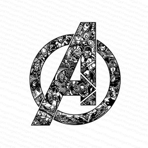 May include: Black and white illustration of the Avengers logo, featuring various characters from the Marvel universe, including Iron Man, Captain America, Thor, Hulk, Black Widow, and Spider-Man.