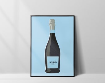 Trendy Prosecco Art Print, Champagne Bottle Wall Decor, Blue Cool Print, Unique Home Art, Gift Idea