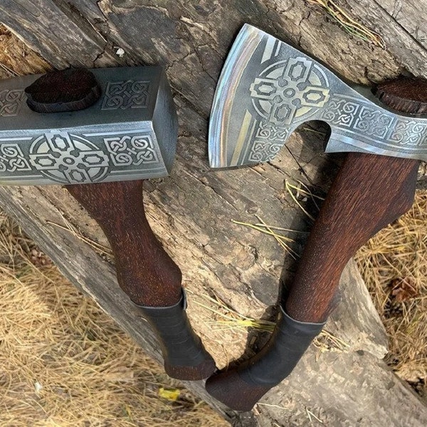 2pcs Set (Viking Hammer + Viking Axe) Engraved with high Carbon Steel, Battle Thor Runic Nordic Carbon Hammer, Best Gift For Any Occasion