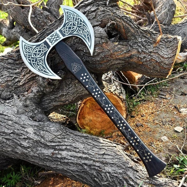 Personalized Gift, Carbon Steel Double headed Viking Axe with Ash Wood Shaft, Viking Bearded Camping Axe, Christmas, Gift For Him