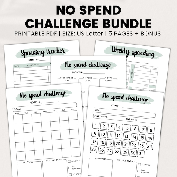 No Spend Challenge Bundle, Emergency Fund Savings Challenge, No Spend Month, No Spend Calendar, No Spend Tracker, Spending Tracker Printable