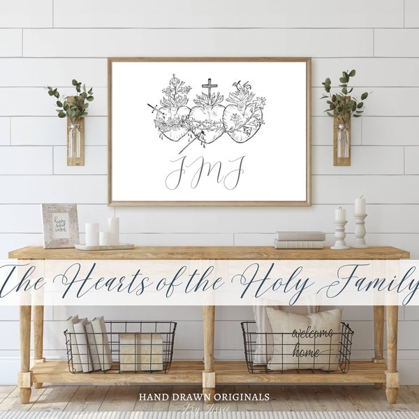 Jesus, Mary, and Joseph JMJ | Holy Family Hearts | Printable Religious Home Décor | Original Hand Drawn Catholic Art & Gifts | Sacred Heart