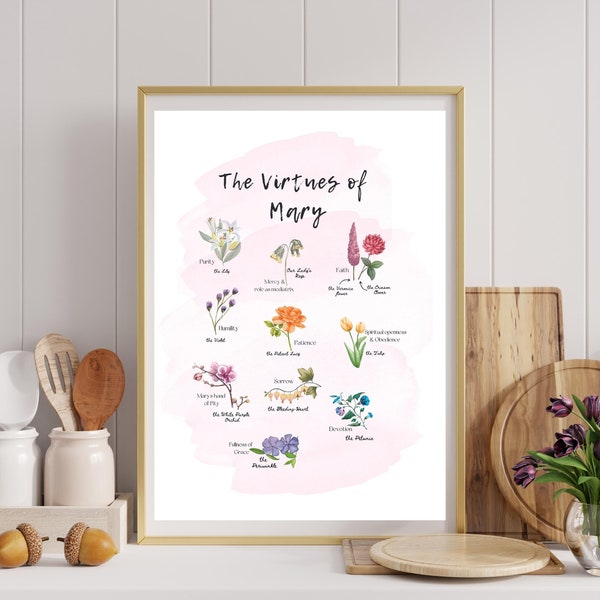 Mary's Virtues | Catholic Art Print | Catholic Gifts for Women | Nursery Décor | Blessed Mother Mary Our Lady | Printable INSTANT DOWNLOAD