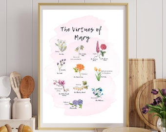 Mary's Virtues | Catholic Art Print | Catholic Gifts for Women | Nursery Décor | Blessed Mother Mary Our Lady | Printable INSTANT DOWNLOAD