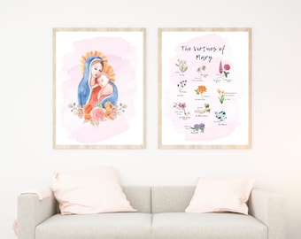 Mary's Virtues Botanical Collection | Watercolor Madonna and child | Catholic Art & Gifts |Virgin Mary boho décor | INSTANT DIGITAL DOWNLOAD