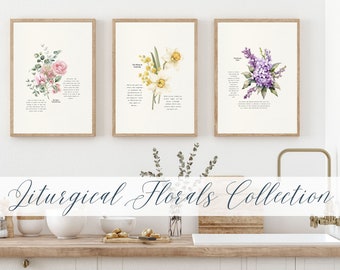 Catholic Wall Art | Catholic Gifts Liturgical Year | Floral Garden Art Print | Set of five | Catholic Symbolism | Printable INSTANT DOWNLOAD