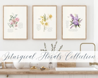 Catholic Wall Art | Catholic Gifts Liturgical Year | Floral Garden Art Print | Set of five | Catholic Symbolism | Printable INSTANT DOWNLOAD