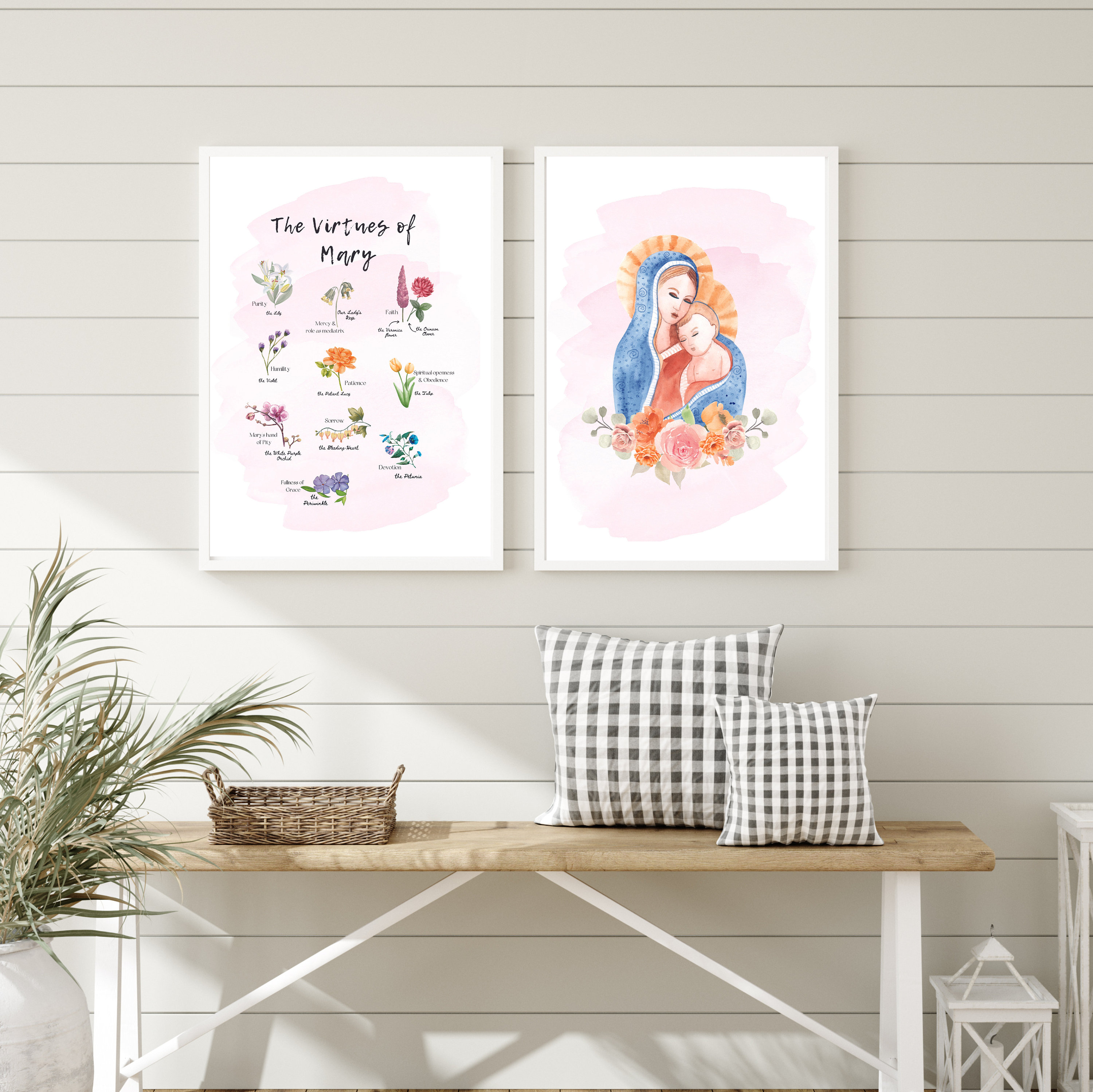 Mary's Virtues Botanical Collection Watercolor Madonna and Child