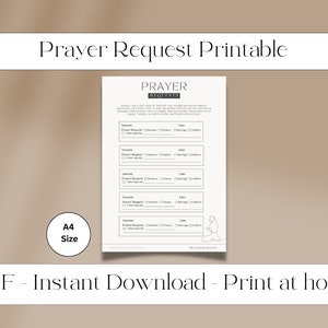 May include: Printable prayer request form with a black and white illustration of a person praying. The form has sections for name, prayer request, and date.