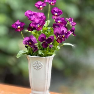 May include: A white, ornate vase filled with vibrant purple pansies. The flowers have dark purple petals with yellow and white centers. The vase has a decorative embossed design and is set against a blurred green background.