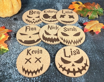 Halloween coasters made of cork, personalized, desired name, place cards, beer mats, scary face, table decoration, party, trick or treat