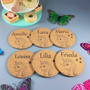 Sottobicchiere in sughero a forma di unicorno personalizzato, nome bambini, compleanno, segnaposto, regalo per gli ospiti, bomboniera, decorazione da tavolo, festa, omaggio