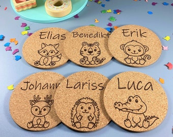 Sous-verres en liège personnalisés, nom d'enfant, anniversaire, marque-places, cadeau d'invités, pochette cadeau, décoration de table, fête, animaux, cadeau