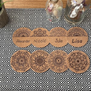 Mandala coasters, cork, personalized, flowers, boho, desired engraving, guest gift, table decoration, place cards, birthday, Christmas