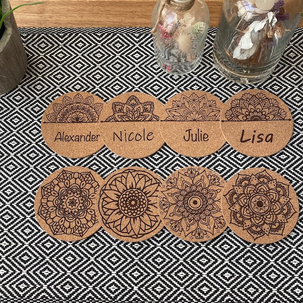 Mandala coasters, cork, personalized, flowers, boho, desired engraving, guest gift, table decoration, place cards, birthday, Christmas