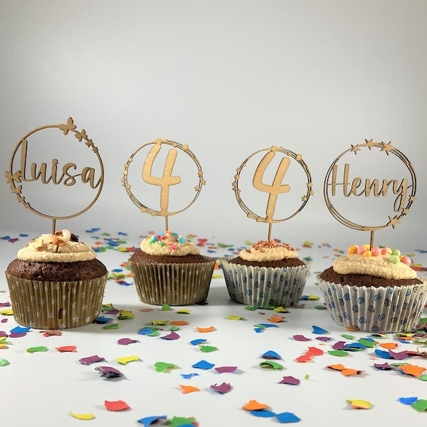 Wooden cupcake topper, muffin, children's birthday, table decoration, desired number, desired name, personalized, name cards, table cards, place cards