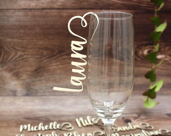 Plaatskaartjes voor op het glas, naamkaartjes, houten letters, tafeldecoratie, tafeldecoratie, gepersonaliseerd, bruiloft, feest, verjaardag