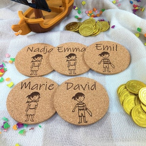 Personalized pirate cork coasters, glass coasters, children's names, birthdays, place cards, guest gifts, party bags, table decorations, party