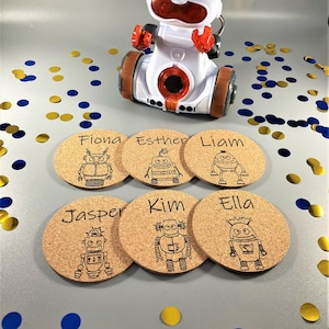 Kork Untersetzer personalisiert, Glasuntersetzer, Name Kinder, Geburtstag, Platzkarten, Gastgeschenk, Mitgebsel, Tischdeko, Party, Roboter