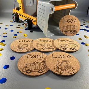 Personalized cork coasters, glass coasters, name children, birthday, place cards, guest gifts, giveaways, table decorations, parties, vehicles