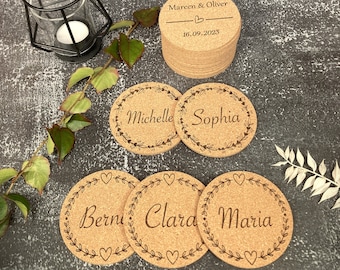 Place cards, coasters, personalized, cork, desired engraving, name tags, wedding, guest gift, place cards, birthday, table decoration