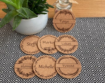 Personalized coasters, cork, custom engraving, beer mats, place cards, birthdays, table decorations, weddings, guest gifts, name tags
