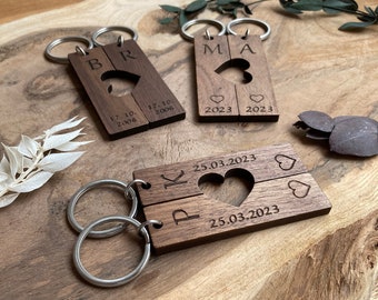 Personalized partner pendant, wooden key ring, engraving, anniversary gift, wedding anniversary, couples, Valentine's Day, heart, Christmas