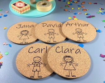 Stick figure cork coasters personalized, children's name, birthday, place cards, guest gift, party bag, table decoration, party, giveaway