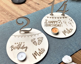 Birthday plate, birthday wreath, personalized, children's birthday, table decoration, candle holder, tea light, birthday board, blackboard, wood